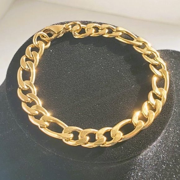 Mens 18K Gold Figaro Chain Link Bracelet 18 Karat Guys Silver